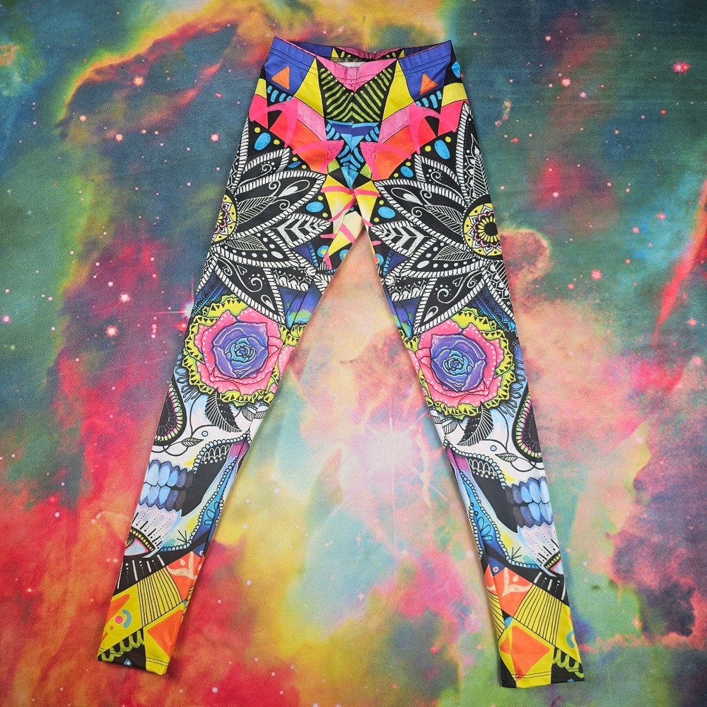 iEDM Sugar Skull Rose Leggings Women XS Multicolor NWT Festival Rave Psychedelic
